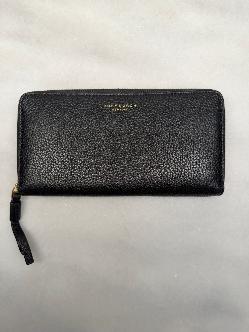 Tory Burch Perry Black Pebbled Leather Zip Around Continental Wallet